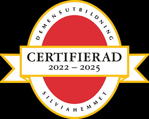 Gul och röd symbol med texten Demensutbildning Silviahemmet Certifierad 2022-2025