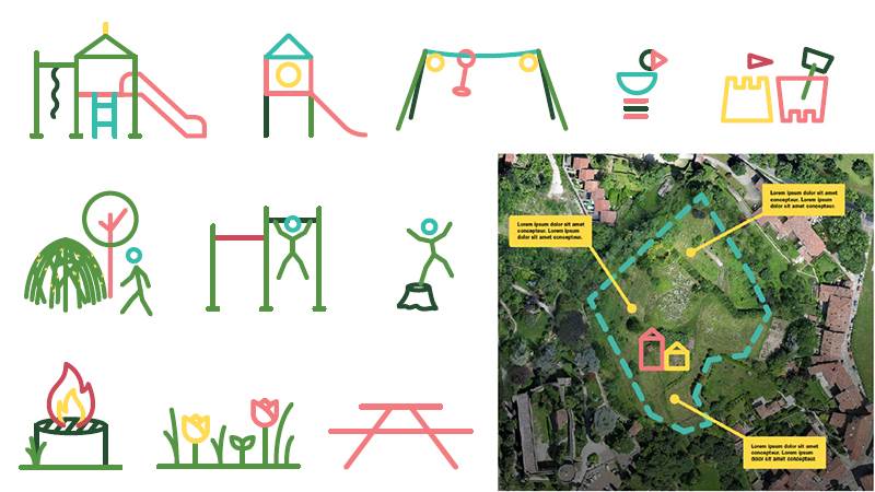 illustrationer i form av grillplats, klätterställning och andra delar som kan inrymmas i en park eller på en lekplats