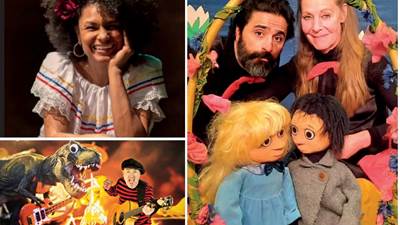 Collage med bilder från Pappa Kapsyls konsert, Teater Pelikanens "Vem ska trösta knyttet" och Diva Cruz i "Djungelns ljud"