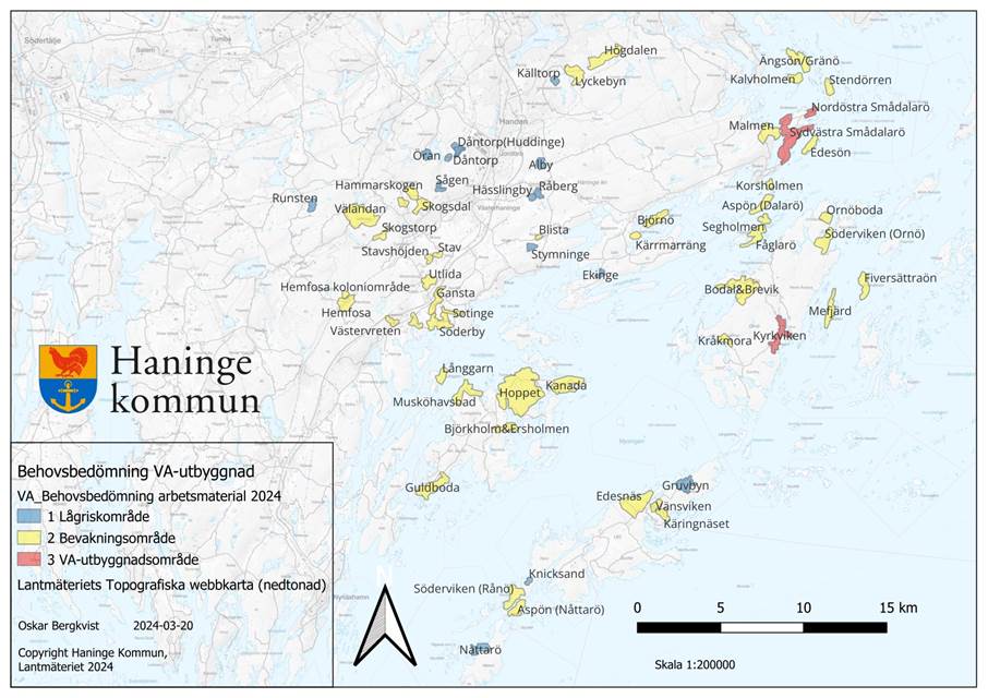 Karta över områden i Haninge som har behovsbedömts inför förslag om vattentjänstplan.