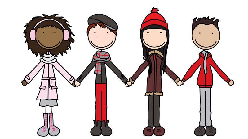 En illustration med fyra glada barn som håller varandra i hand